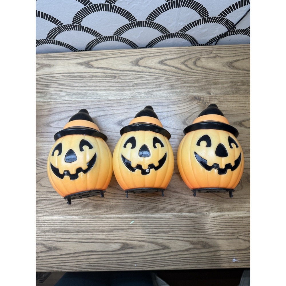 3 Vintage Empire Halloween Blow Mold Pumpkin Jack‎ o Lantern Stake Covers - 1995